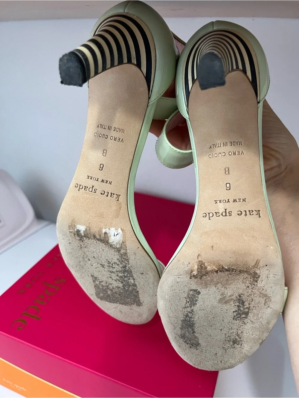 Kate Spade Elsa Mint Green with Black Striped Heels Sz 6B